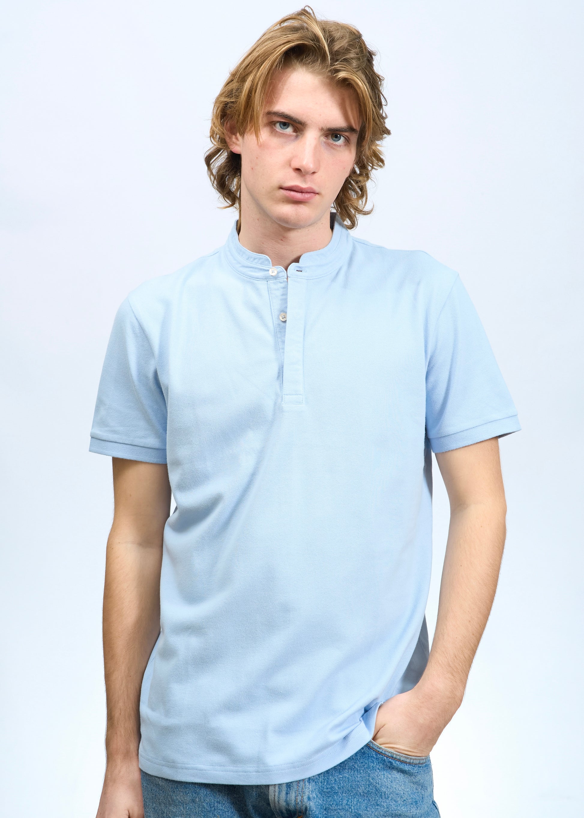 Polo collo alla coreana Celeste