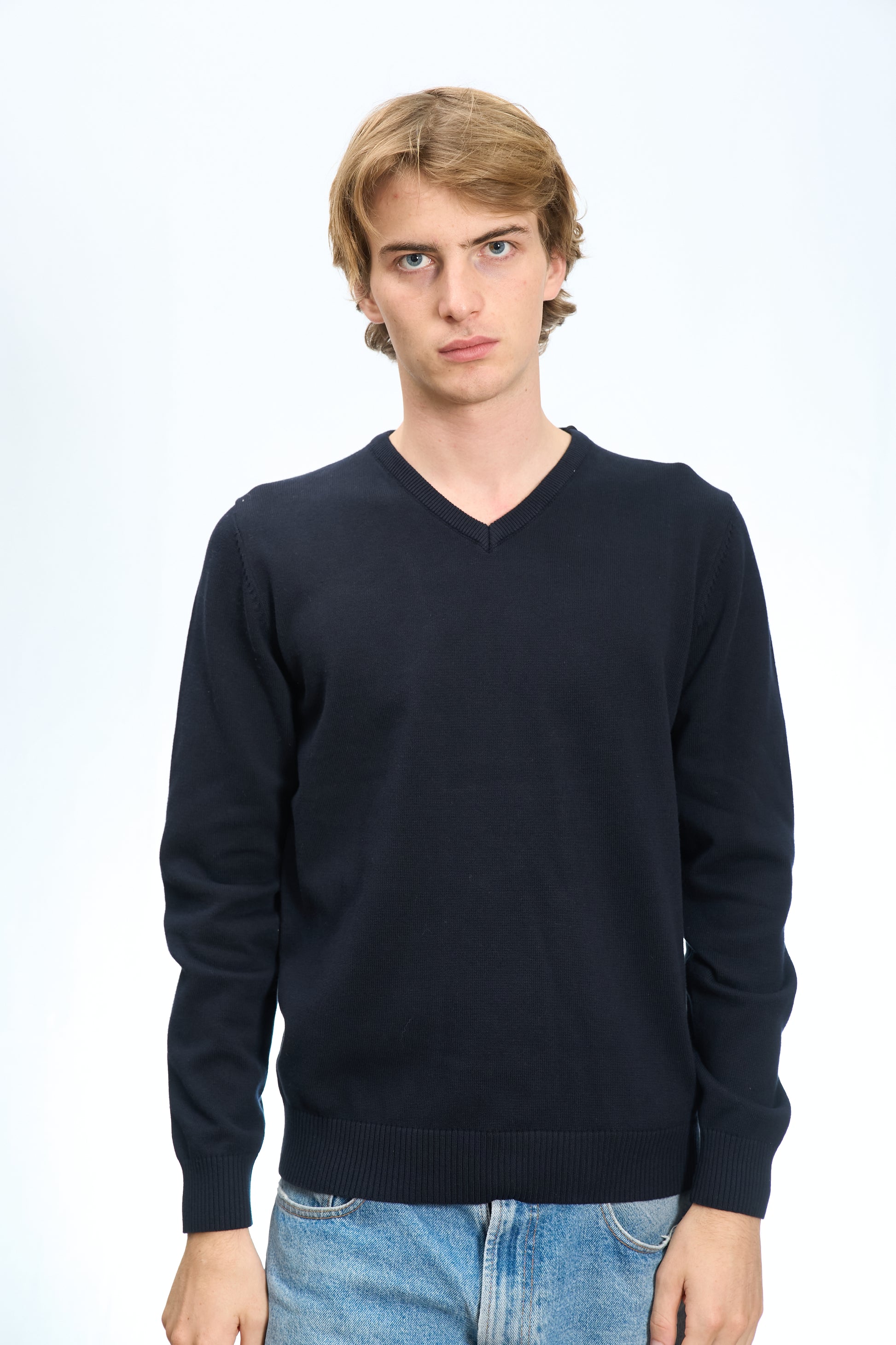 MAGLIONE SCOLLO A V IN COTONE RASATO BLU NAVY