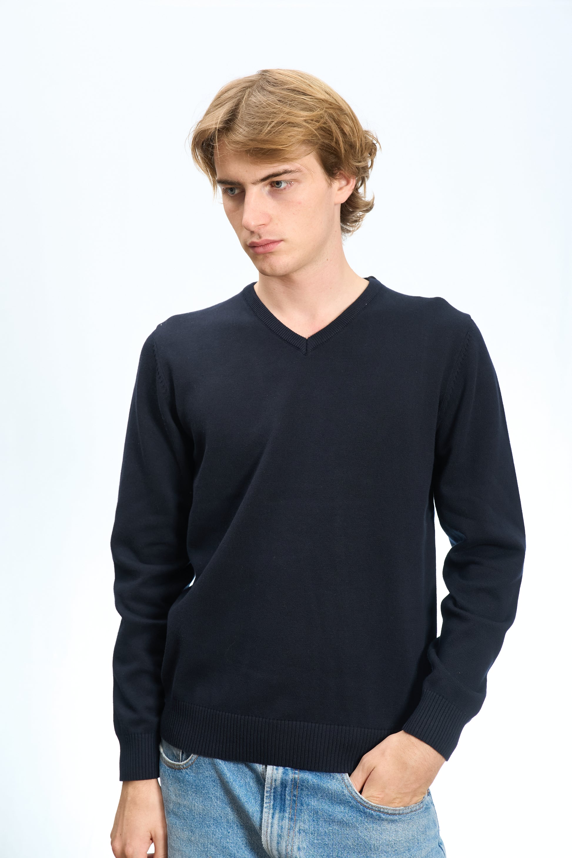 MAGLIONE SCOLLO A V IN COTONE RASATO BLU NAVY