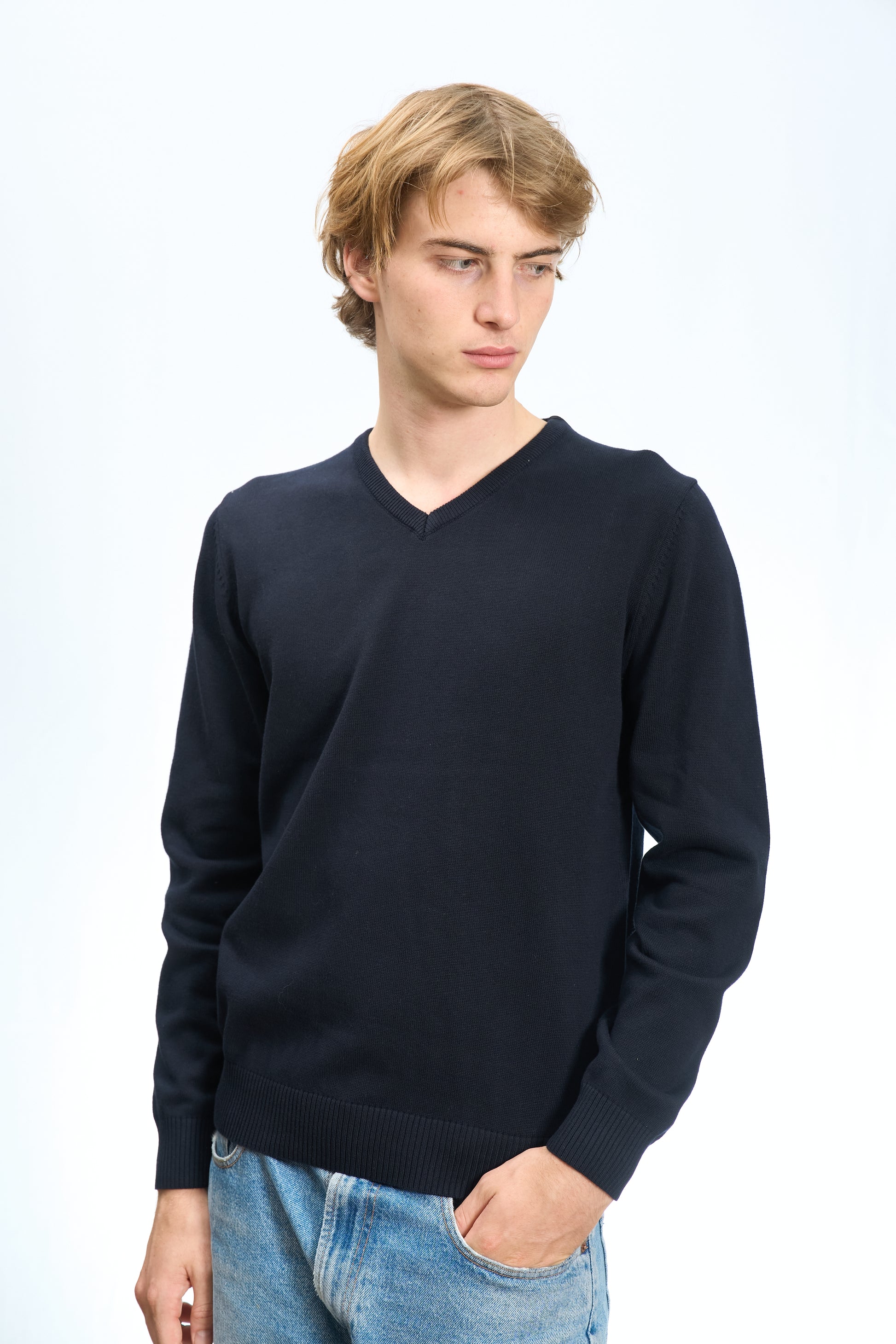 MAGLIONE SCOLLO A V IN COTONE RASATO BLU NAVY