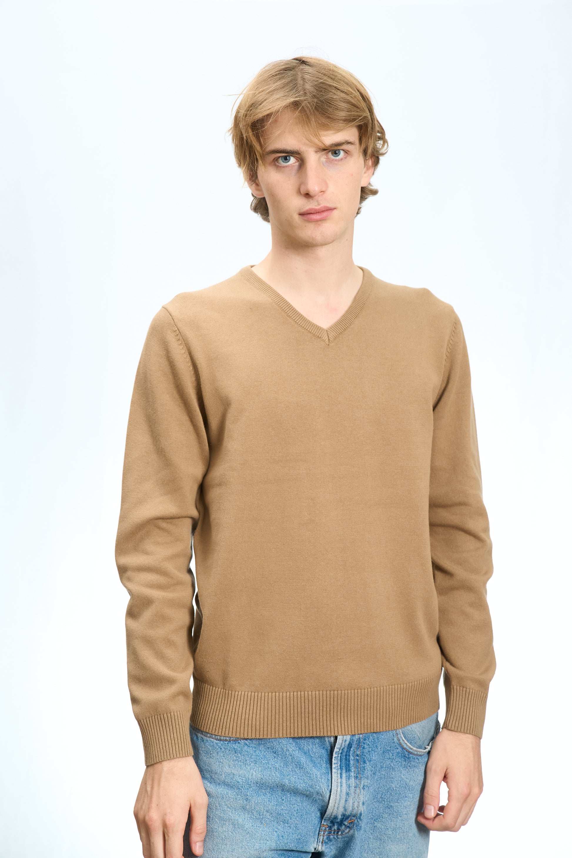 MAGLIONE SCOLLO A V IN COTONE RASATO BEIGE