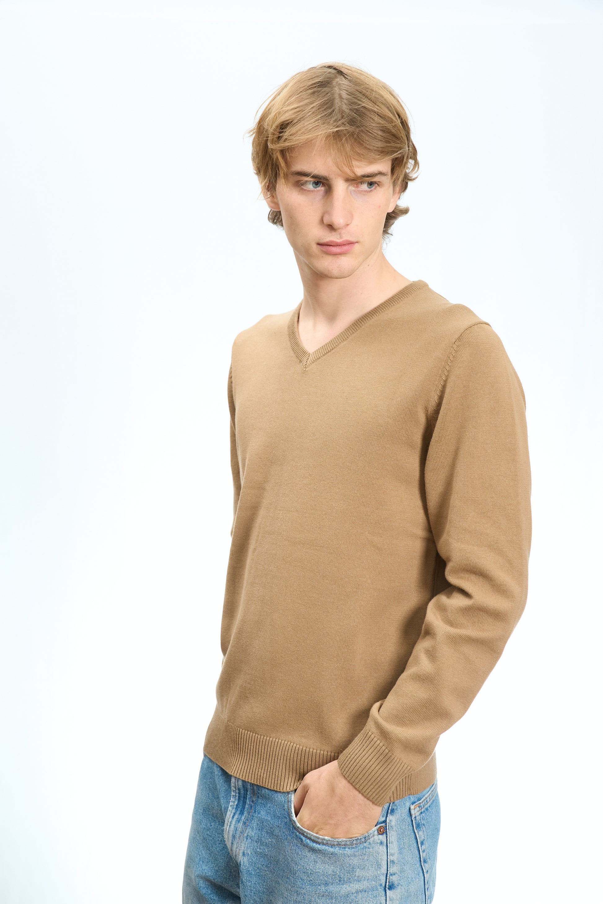 MAGLIONE SCOLLO A V IN COTONE RASATO BEIGE