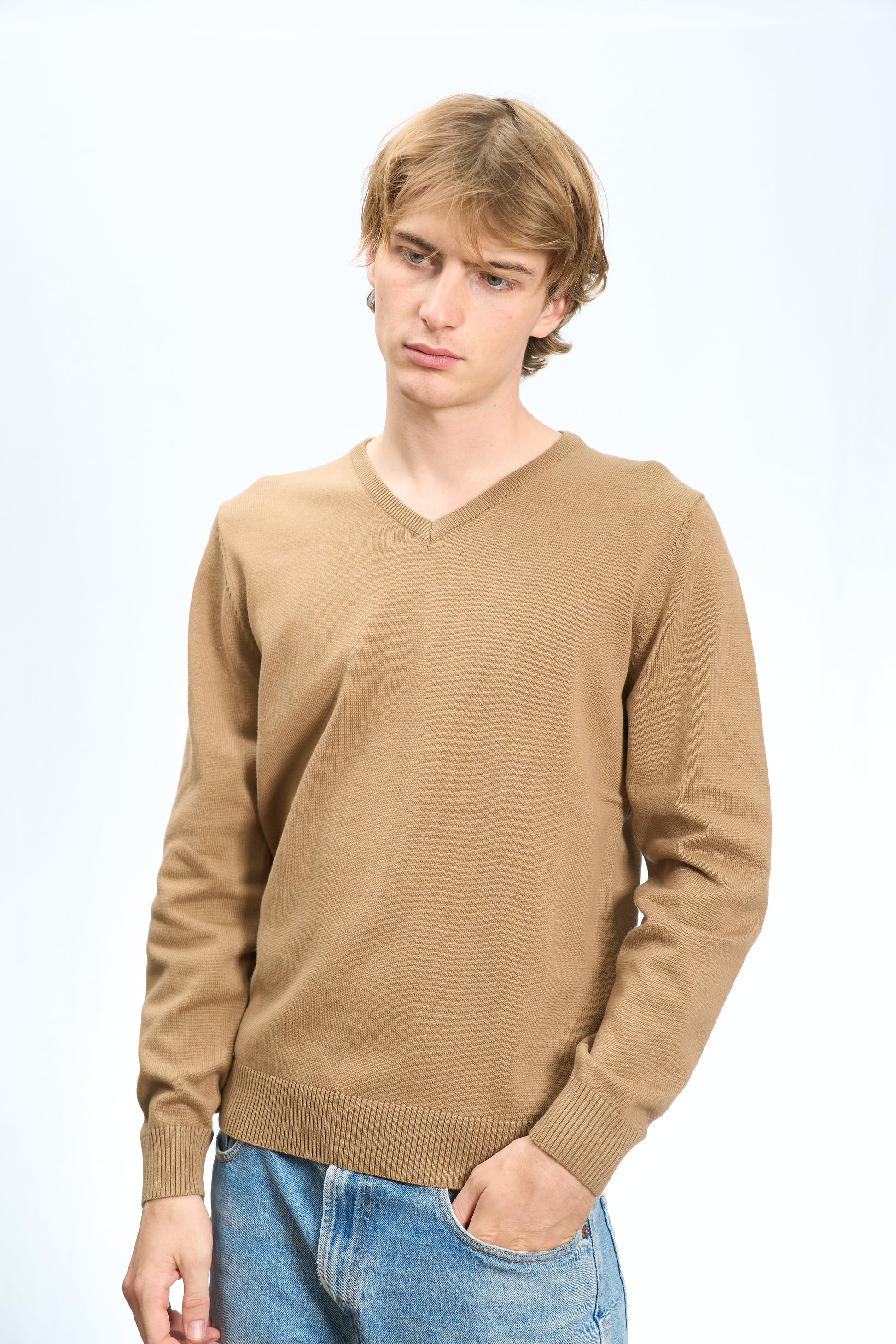 MAGLIONE SCOLLO A V IN COTONE RASATO BEIGE