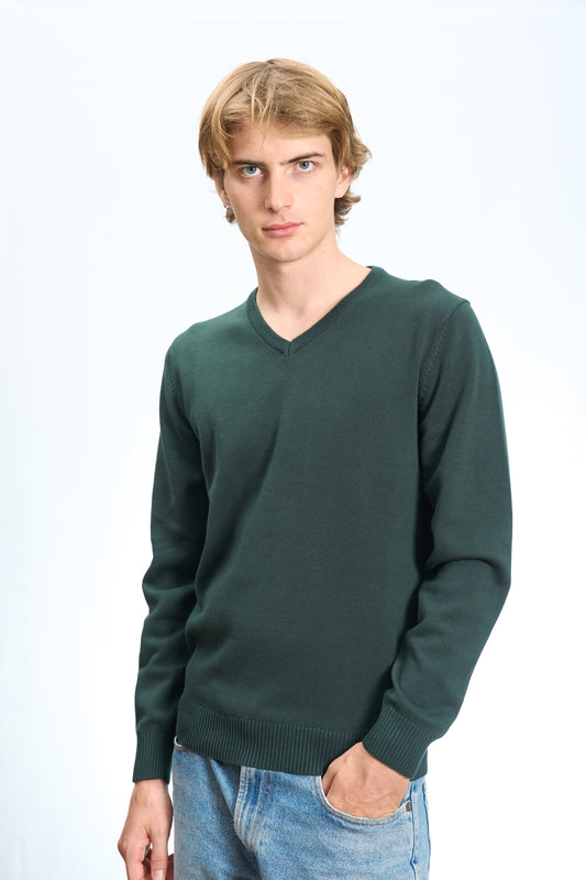 MAGLIONE SCOLLO A V IN COTONE RASATO VERDE