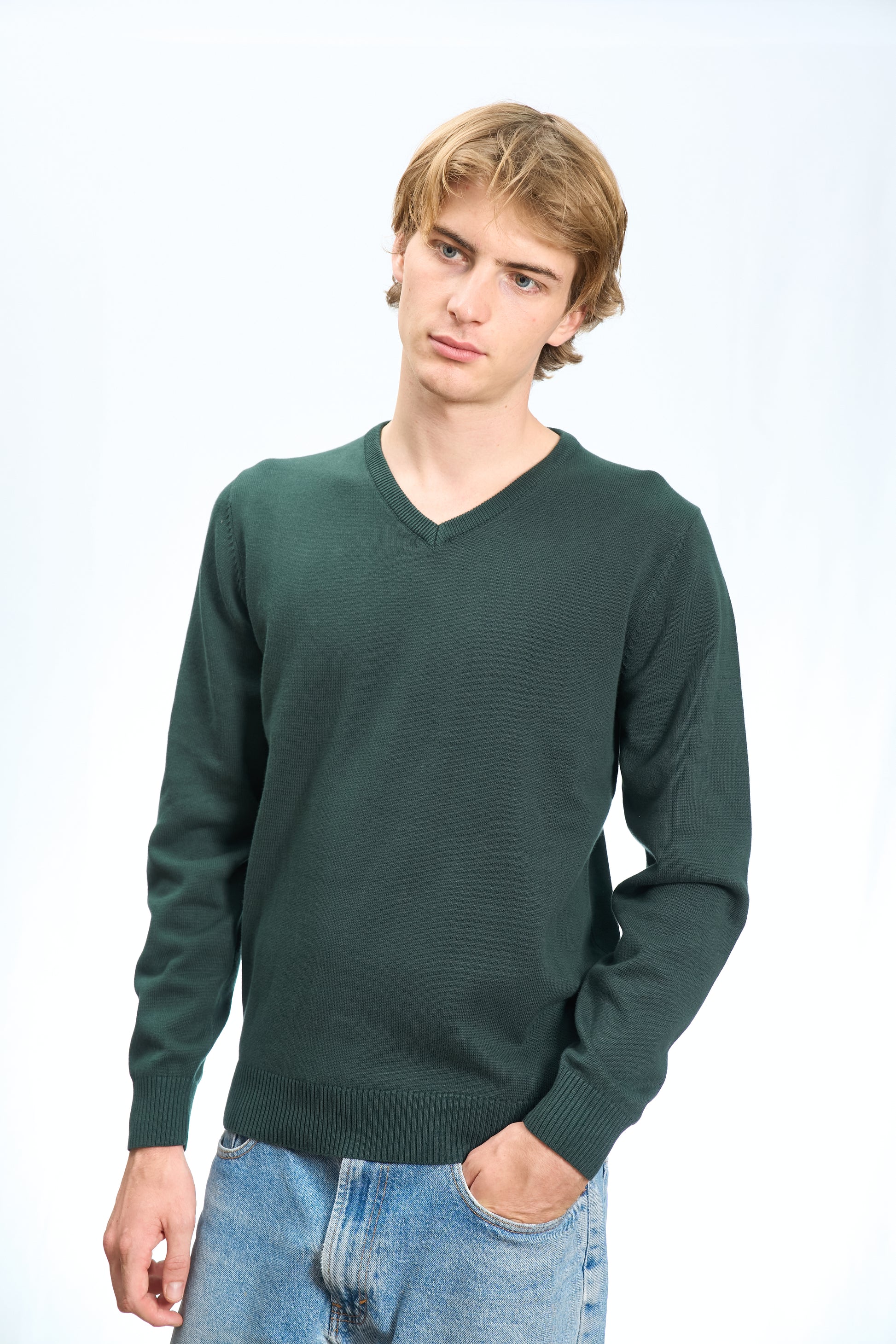 MAGLIONE SCOLLO A V IN COTONE RASATO VERDE