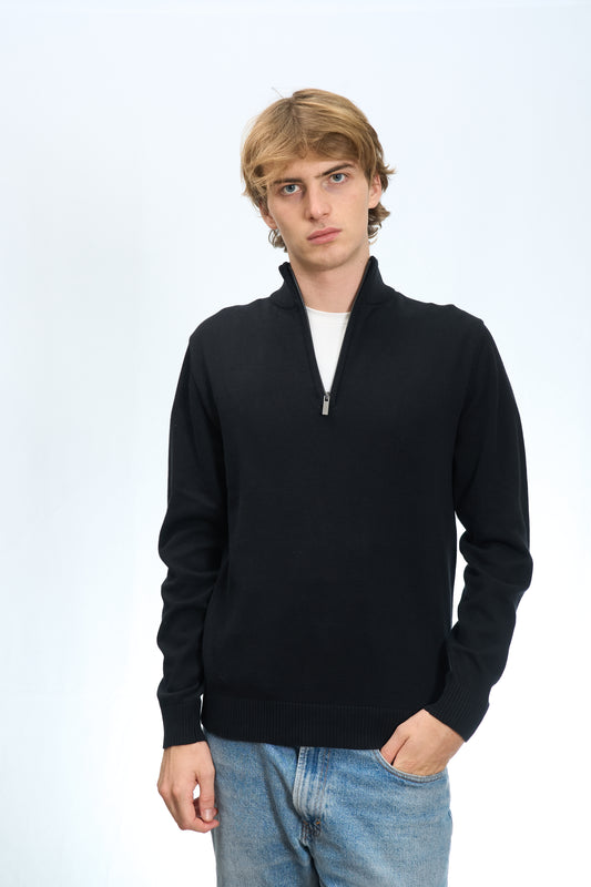 MAGLIA MEZZA ZIP IN COTONE RASATO NERO