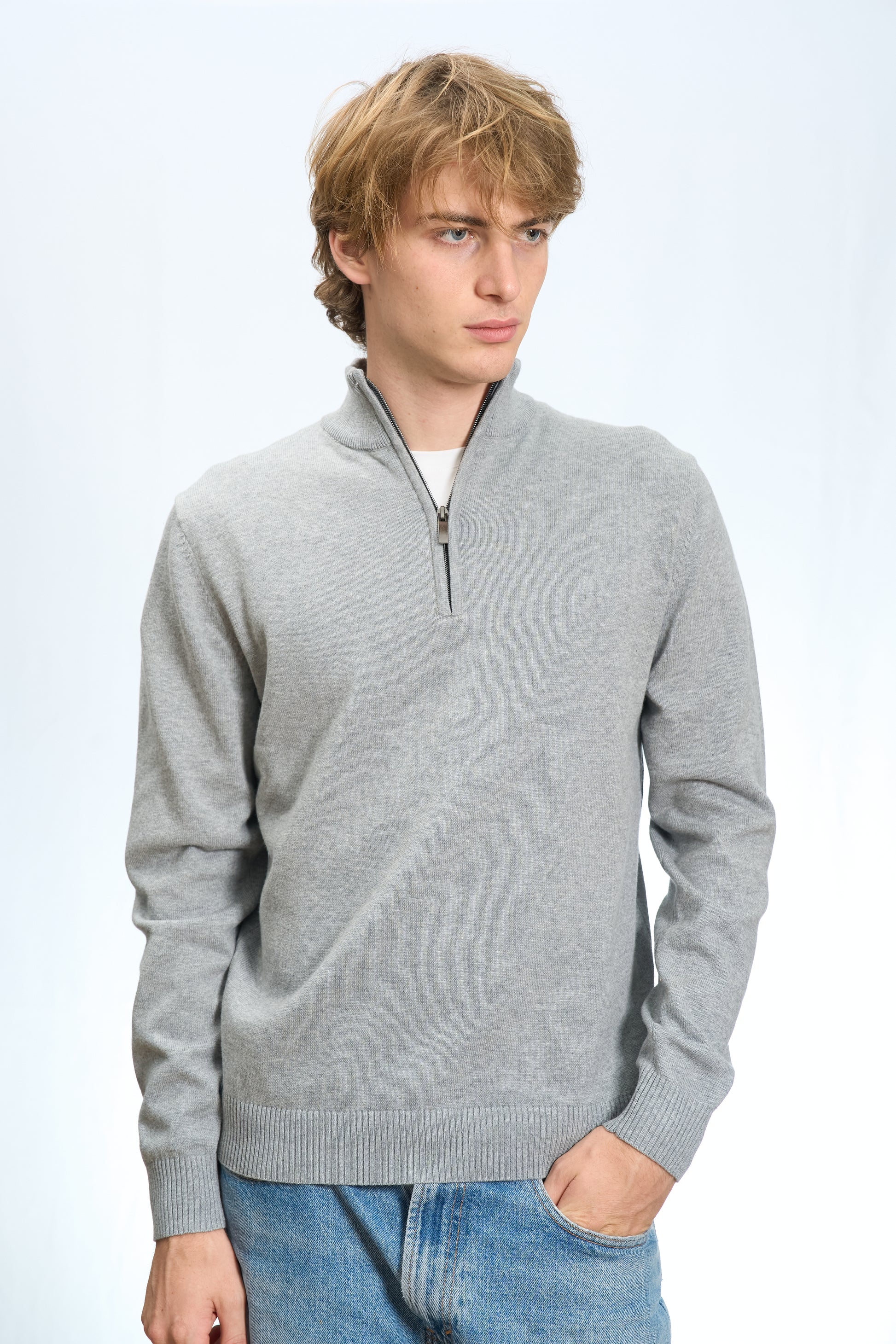 MAGLIA MEZZA ZIP IN COTONE RASATO GRIGIO