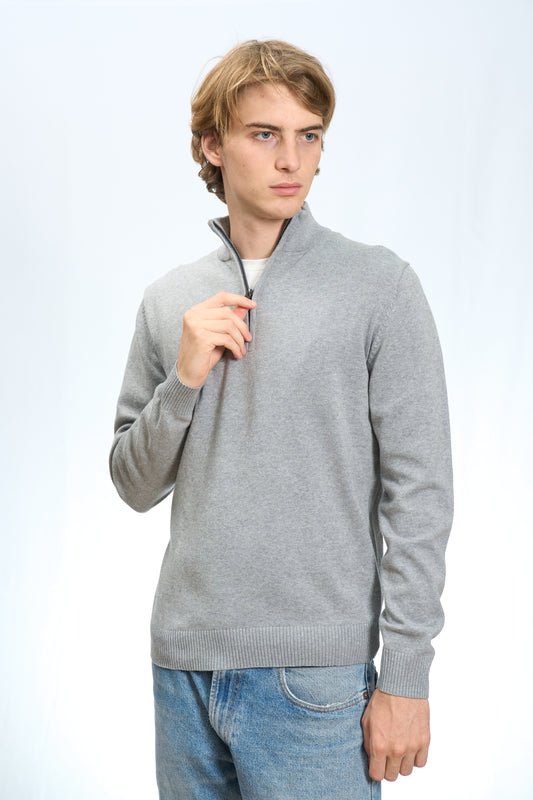 MAGLIA MEZZA ZIP IN COTONE RASATO GRIGIO